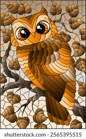 A stained glass illustration with a cute cartoon rainbow owl sitting on a tree branch against a  sky, tone brown