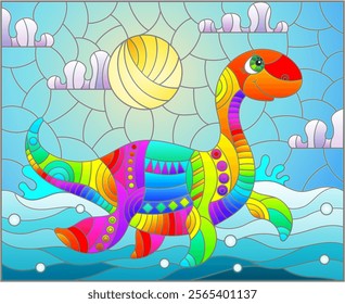 A stained glass illustration with a cute cartoon dinosaur on the background of fields and sky