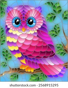 A stained glass illustration with a cute cartoon owl sitting on a tree branch against a blue sky