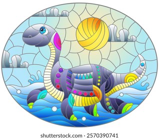 A stained glass illustration with a cute cartoon dinosaur on the background of fields and sky