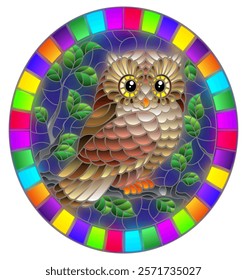 A stained glass illustration with a cute cartoon owl sitting on a tree branch against a night sky  background, oval image in bright frame