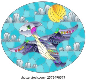 A stained glass illustration with a cute cartoon dinosaur on the background of cloudy sky and sun