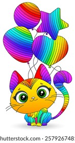 Stained glass illustration with cute cartoon kitten, animal isolated on a white background