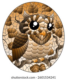 A stained glass illustration with a cute cartoon owl sitting on a tree branch against a sky background, oval image, tone brown