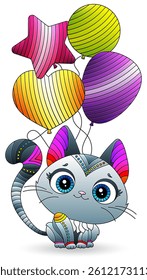Stained glass illustration with cute cartoon kitten, animal isolated on a white background
