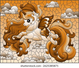 A stained glass illustration with a cute cartoon unicorn on a cloudy sky background, tone brown