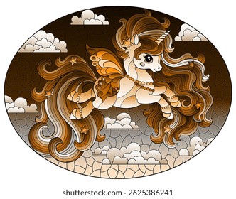 A stained glass illustration with a cute cartoon unicorn on a cloudy sky background, tone brown