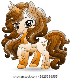 Stained glass illustration with cute cartoon unicorn ,animal isolated on a white background, tone brown