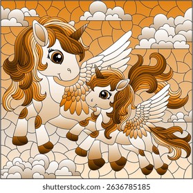 A stained glass illustration with a cute cartoon unicorns on a cloudy sky background, tone brown