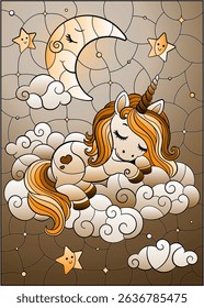 A stained glass illustration with a cute cartoon unicorn sleeping on a cloud and a moon on a starry sky background, tone brown