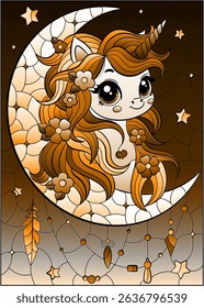 A stained glass illustration with a cute cartoon unicorn and a moon on a starry sky background, tone brown
