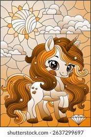 A stained glass illustration with a cute cartoon unicorn on a cloudy sky background, tone brown