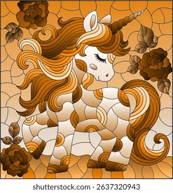A stained glass illustration with a cute cartoon unicorn on a cloudy sky background and roses, tone brown