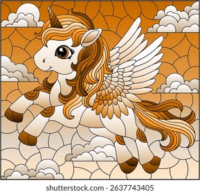 A stained glass illustration with a cute cartoon unicorn on a cloudy sky background, tone brown
