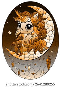 A stained glass illustration with a cute cartoon unicorn and a moon on a starry sky background, oval image, tone brown