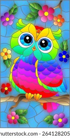 A stained glass illustration with a cute cartoon rainbow owl sitting on a tree branch with flowers against a blue sky