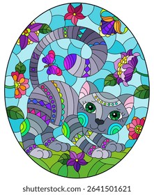 Stained glass illustration with a cute cartoon cat on a background of flowers, fields and sky