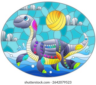 A stained glass illustration with a cute cartoon dinosaur on the background of fields and sky