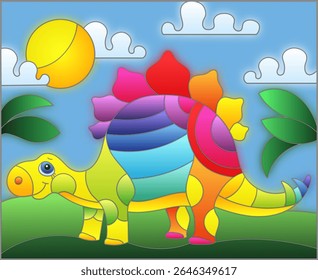 Uma ilustração de vidro manchado com um dinossauro de desenho animado bonito no fundo de campos e céu