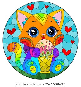 Una ilustración de la vidriera con un gato lindo con el helado en un fondo del cielo y del prado