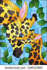 Stained glass illustration with cute giraffes on a background of blue sky and leaves