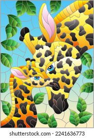 Stained glass illustration with cute giraffes on a background of blue sky and leaves