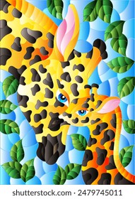 Stained glass illustration with cute giraffes on a background of blue sky and leaves