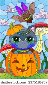 A stained glass illustration with a cute kitten in a pumpkin and a bat