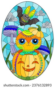 A stained glass illustration with a cute kitten in a pumpkin and a bat, oval image