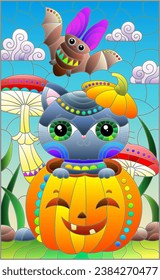 A stained glass illustration with a cute kitten in a pumpkin and a bat