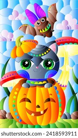 A stained glass illustration with a cute kitten in a pumpkin and a bat