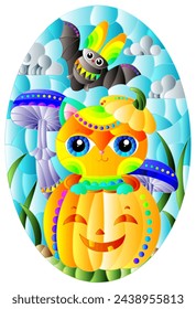 A stained glass illustration with a cute kitten in a pumpkin and a bat, oval image