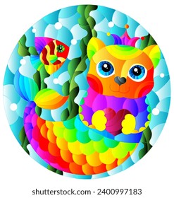 A stained glass illustration with a cute mermaid kitten, a cat on the background of the seabed and water, oval image