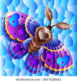 A stained glass illustration with a cute moth on a blue sky background