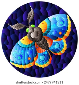 A stained glass illustration with a cute moth on a blue sky background, round image