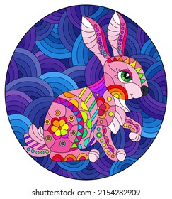 Stained glass illustration with a cute rabbit on a background of blue waves,  oval image