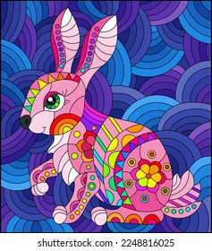 Stained glass illustration with a cute rabbit on a background of blue waves, rectangular image