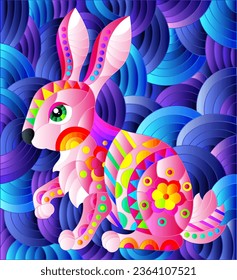 Stained glass illustration with a cute rabbit on a background of blue waves, rectangular image