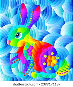 Stained glass illustration with a cute rabbit on a background of blue waves, rectangular image
