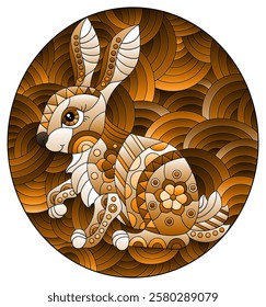 Stained glass illustration with a cute rabbit on a background of waves,oval image, tone brown