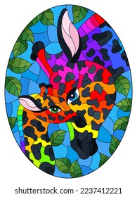 Stained glass illustration with cute rainbow giraffes on a background of blue sky and leaves, oval image 