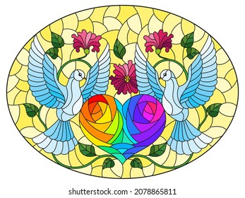 Stained glass illustration with doves, hearts and flowers on a yellow background, oval image