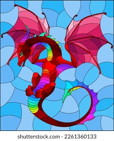 A stained glass illustration with a dragon, the symbol of the year according to the calendar, on a blue sky background