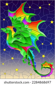 A stained glass illustration with a dragon, the symbol of the year according to the calendar, on a night starry sky background