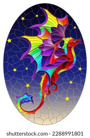 A stained glass illustration with a dragon, the symbol of the year according to the calendar, on a night starry sky background, round image