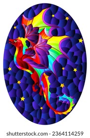 A stained glass illustration with a dragon, the symbol of the year according to the calendar, on a night starry sky background, round image