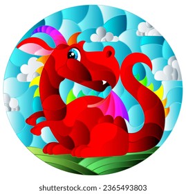 A stained glass illustration with a dragon, the symbol of the year according to the calendar, on a blue sky background, oval image