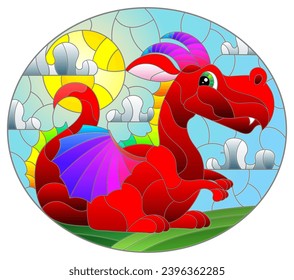 A stained glass illustration with a dragon, the symbol of the year according to the calendar, on a blue sky background, oval image