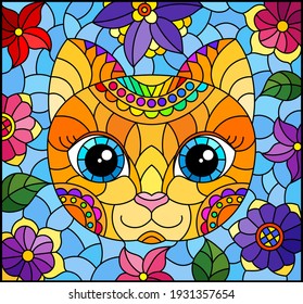 Stained glass illustration with the face of a funny cartoon kitten and flowers on a blue background