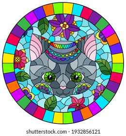 Stained glass illustration with the face of a funny cartoon kitten and flowers on a blue background, round image in bright frame